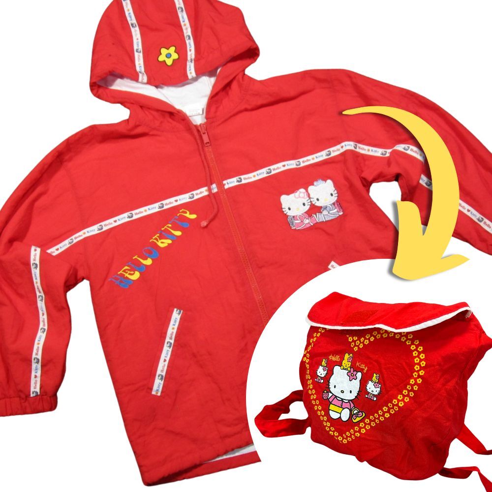 Hello Kitty Jacket Girls 14 Red Windbreaker Full Zip Convertible Backpack Hooded